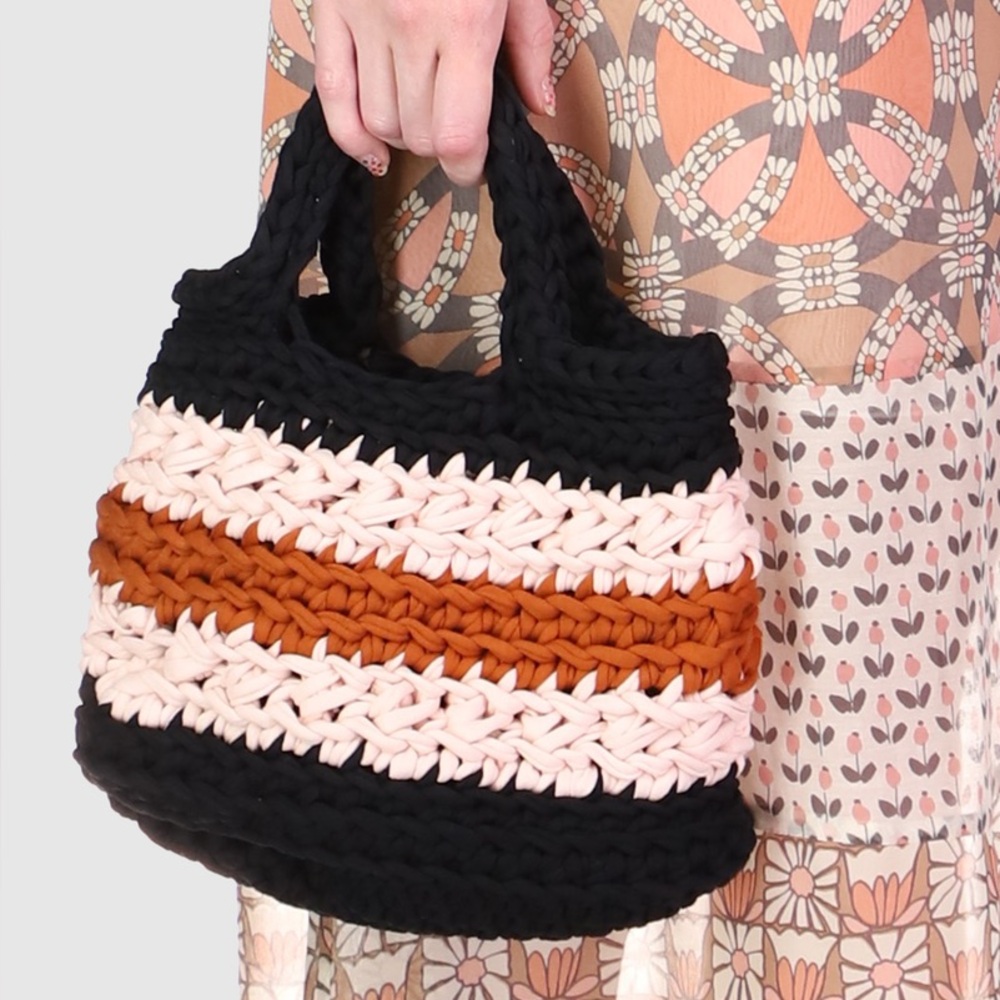Handmade Recycled Fabric Crochet Mini Tote Bag | Boho Y2K Cottagecore Purse - Picture 4 of 4